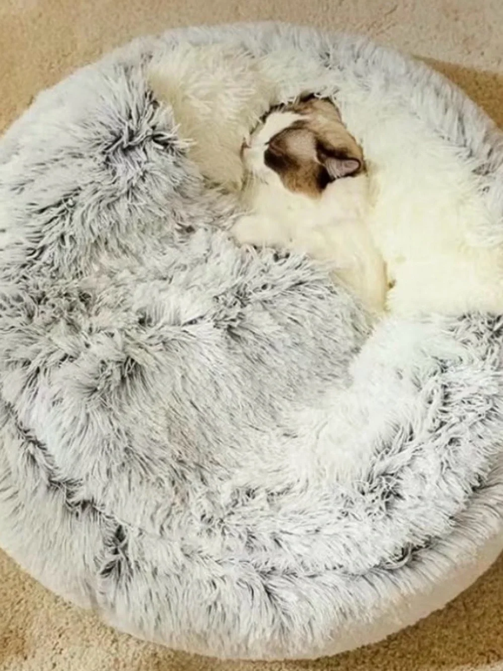 Fluffy Plush Cat Cave Bed Hooded Anti Anxiety Small Donut Cuddler Nest Pet Gray